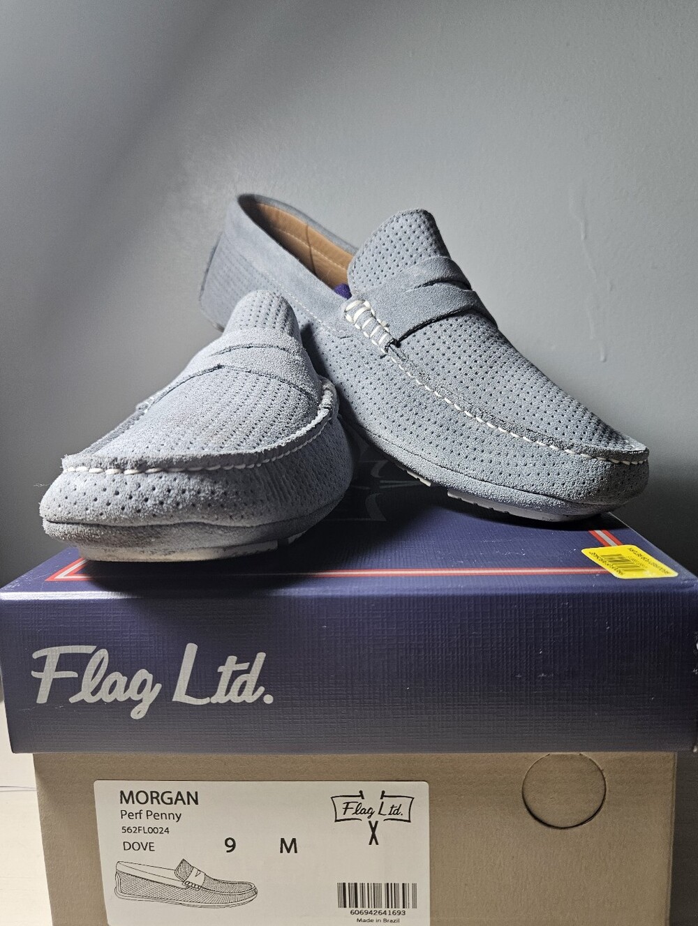 Flag Ltd. Morgan Perf Penny Loafers Dove Grey Suede Drivers Men's 9M